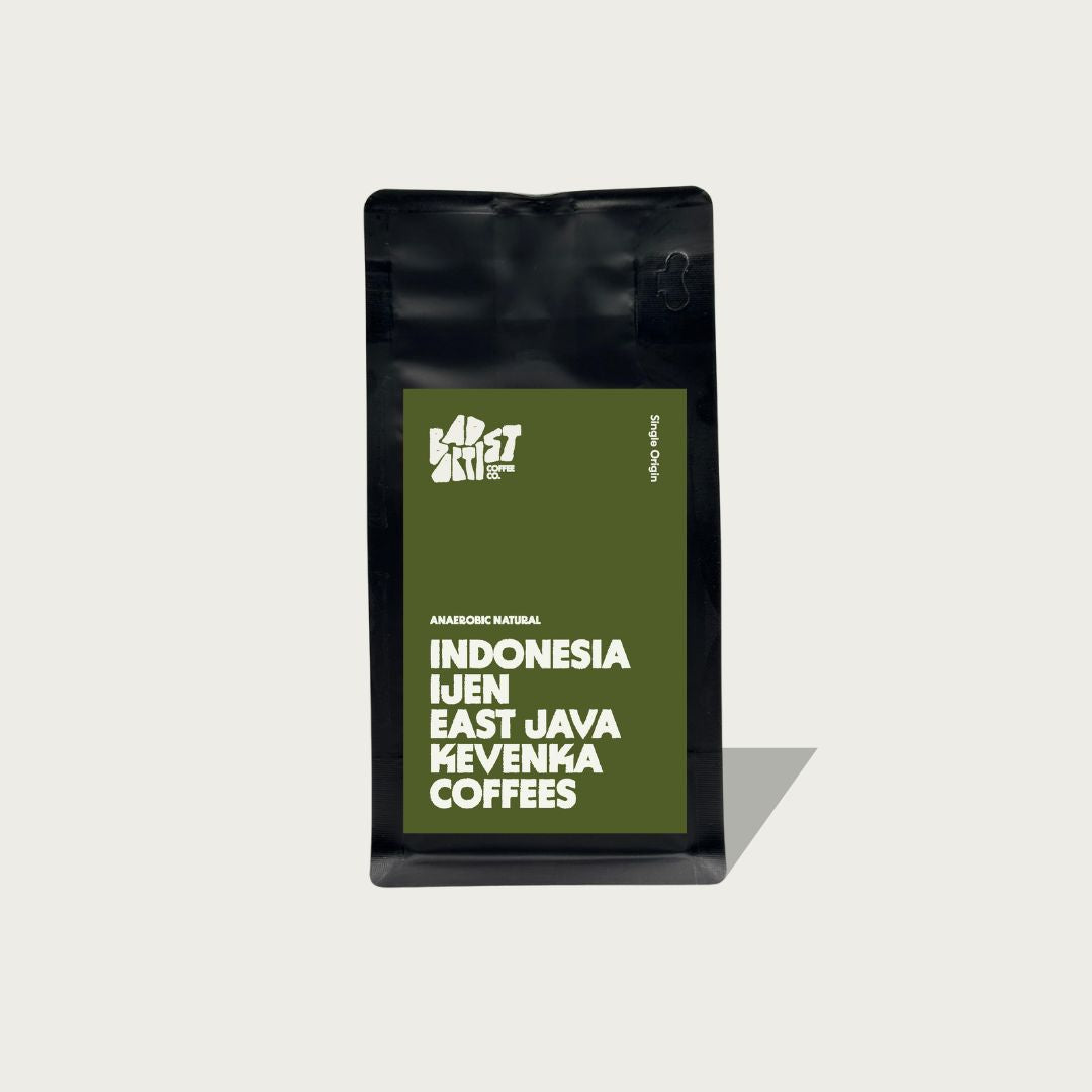 Coffee bag with 'Indonesia Ijen East Java' text on a white background