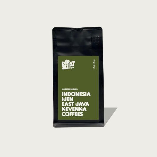 Coffee bag with 'Indonesia Ijen East Java' text on a white background